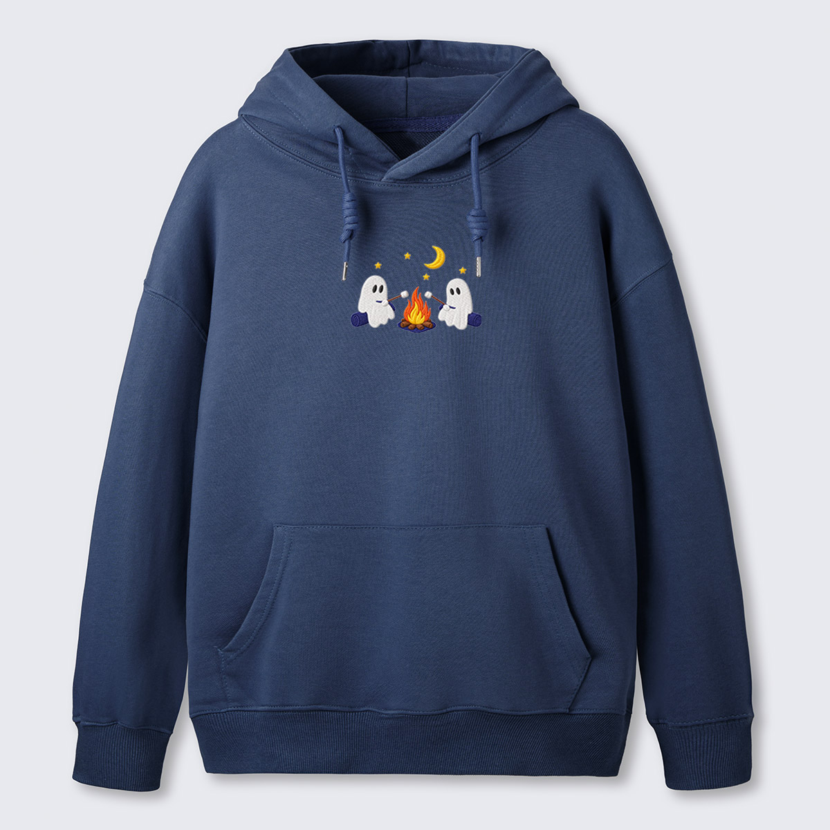 Ghost Campfire Under Moon Embroidered Hoodie