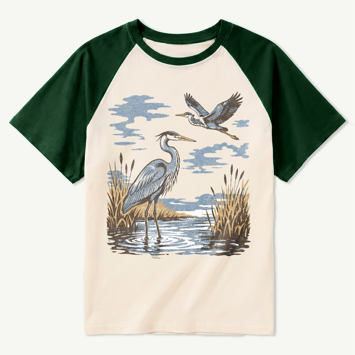 Vintage Heron Wetland Bird Nature Raglan T-Shirt