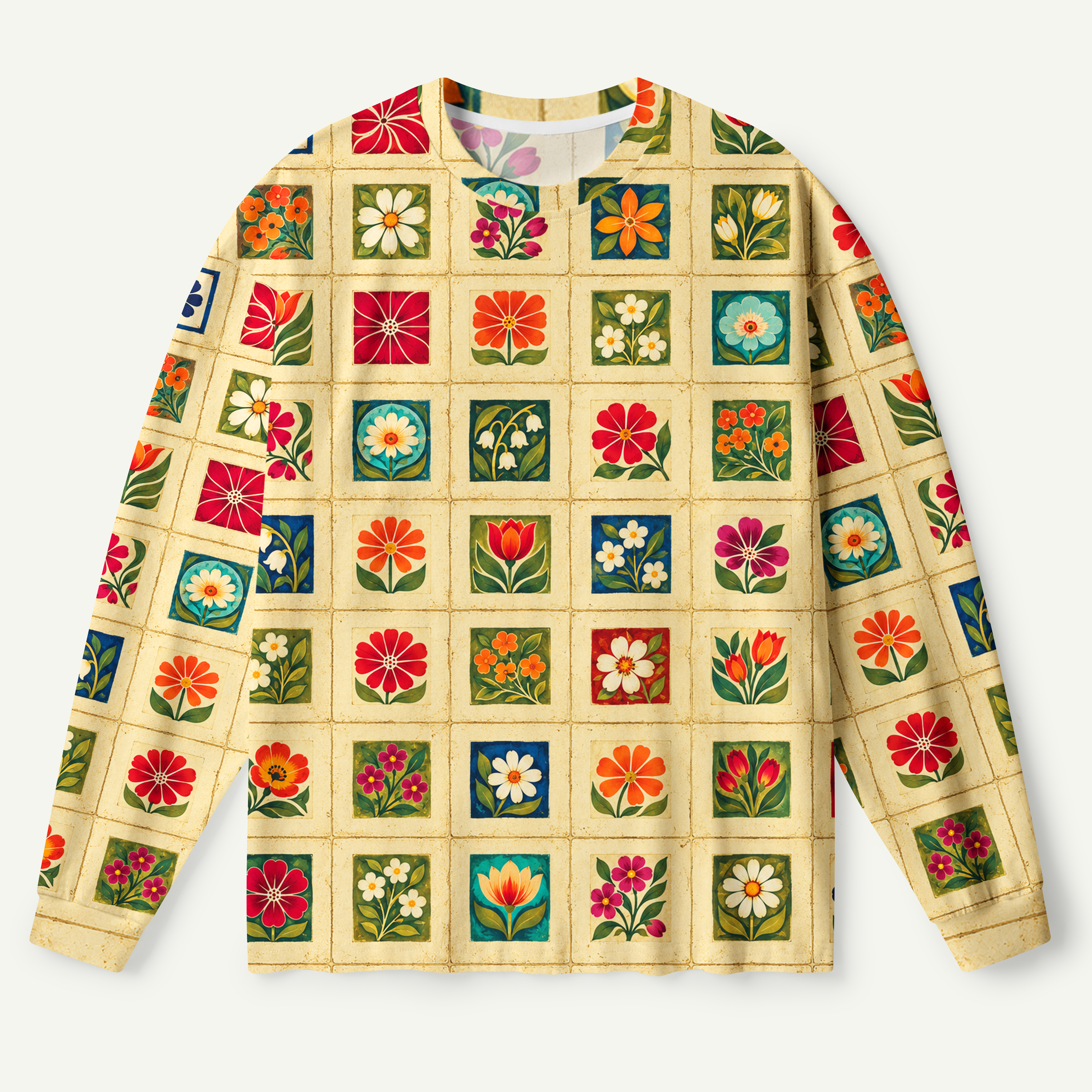 Retro Floral Tile Garden Patchwork Premium Pure Cotton Long Sleeves