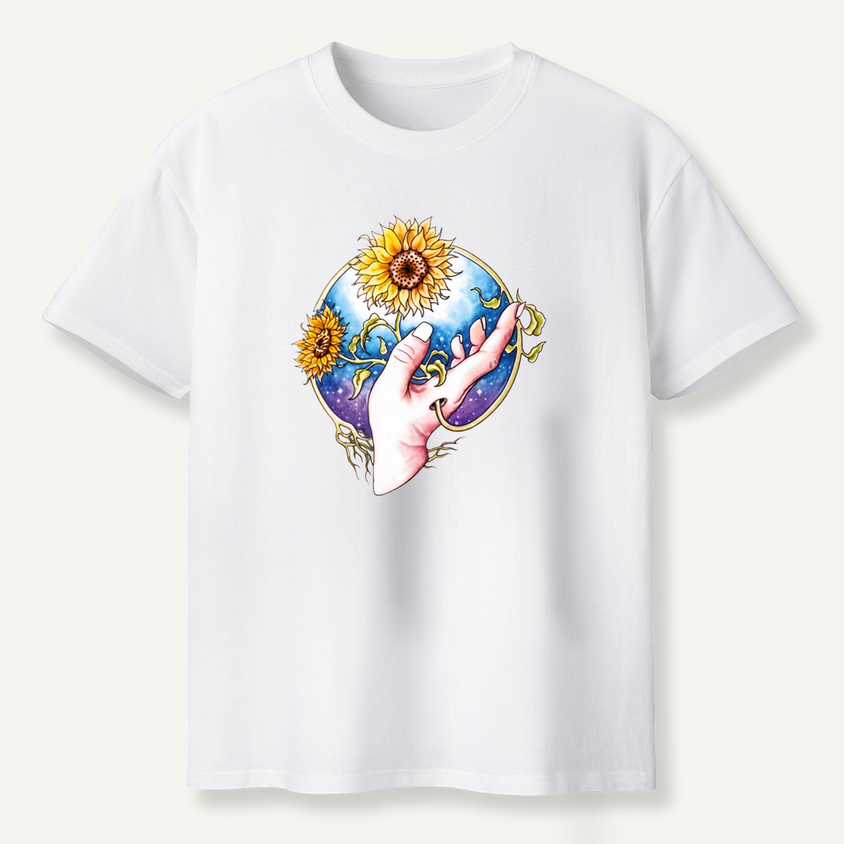 Sunflower Hand Galaxy Botanical Illustration T-Shirt