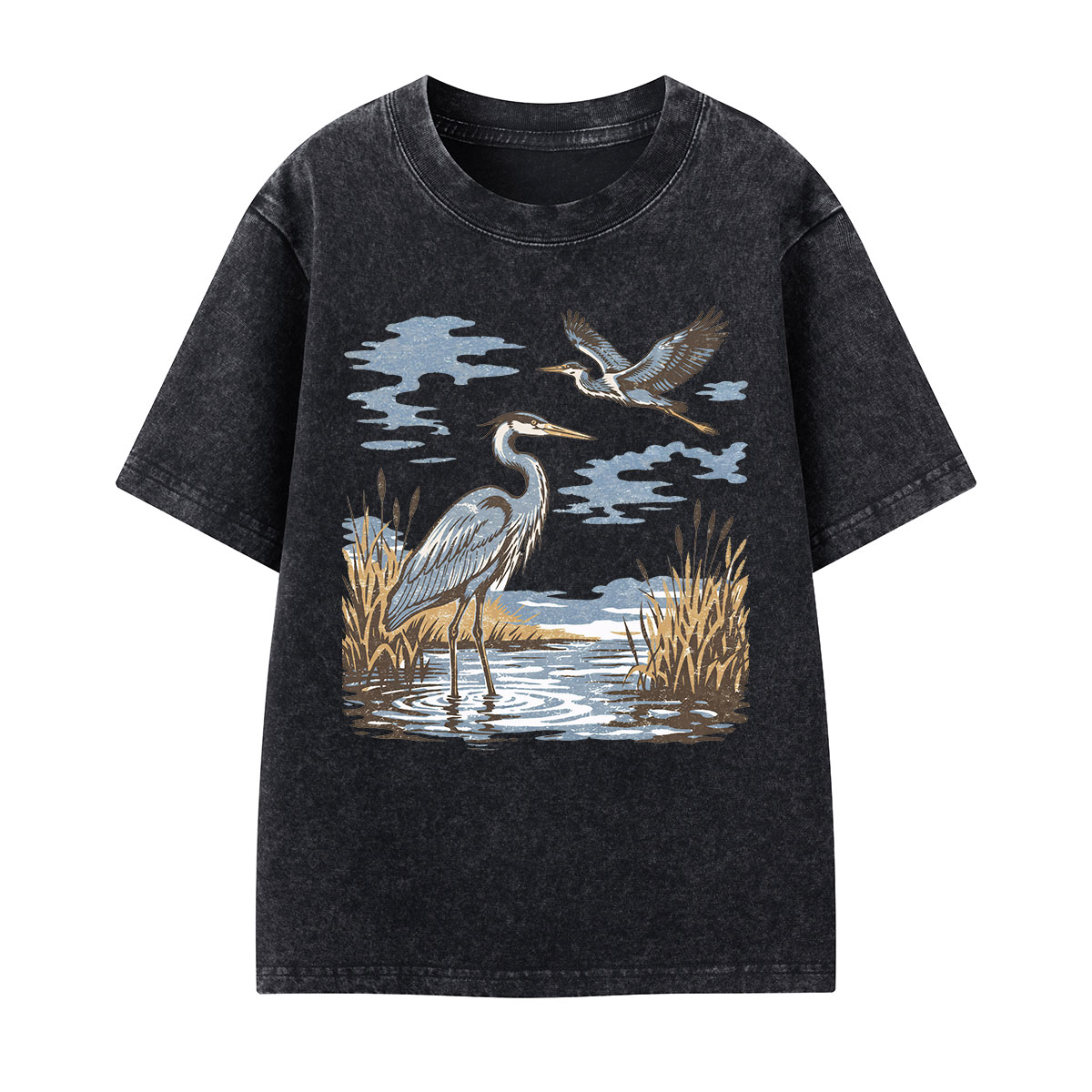 Vintage Heron Wetland Bird Nature Kids Washed T-Shirt