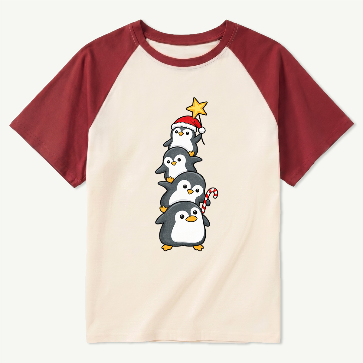 Four Cute Penguins Stacked As A Christmas Tree Raglan T-Shirt