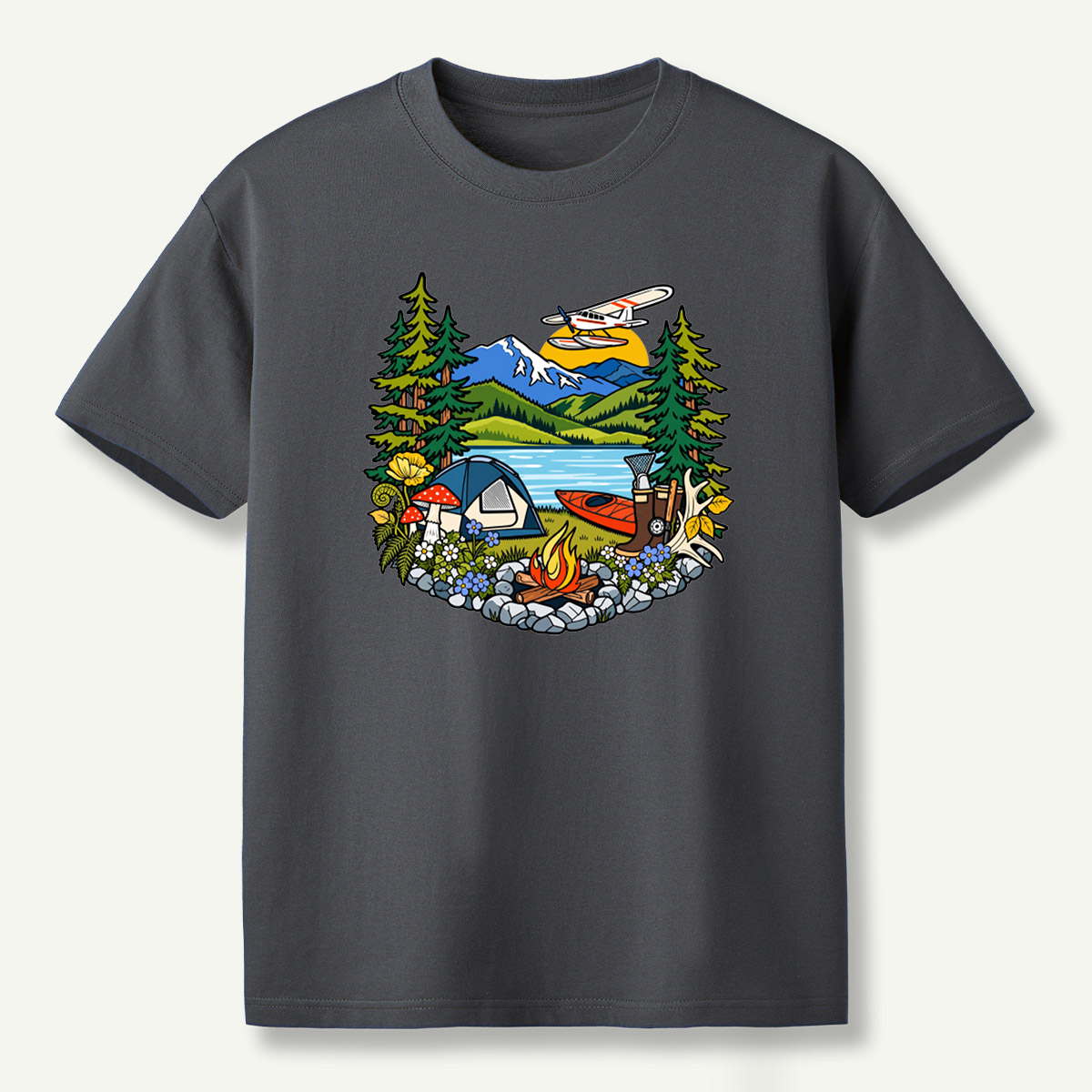 Lake Camping Kayak Seaplane Wilderness Scene T-Shirt