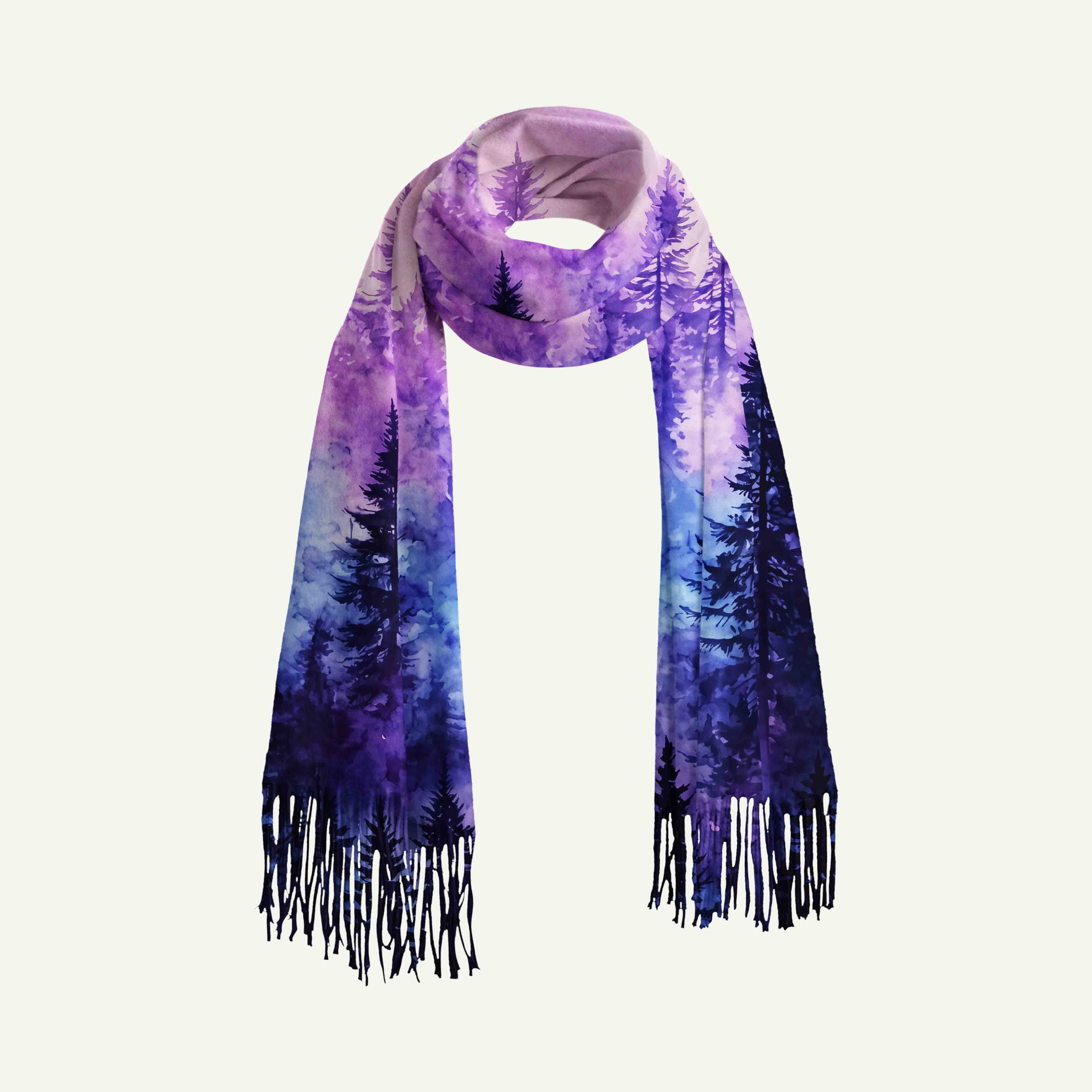 Luminous Forest Long Cashmere Scarf with Tassels