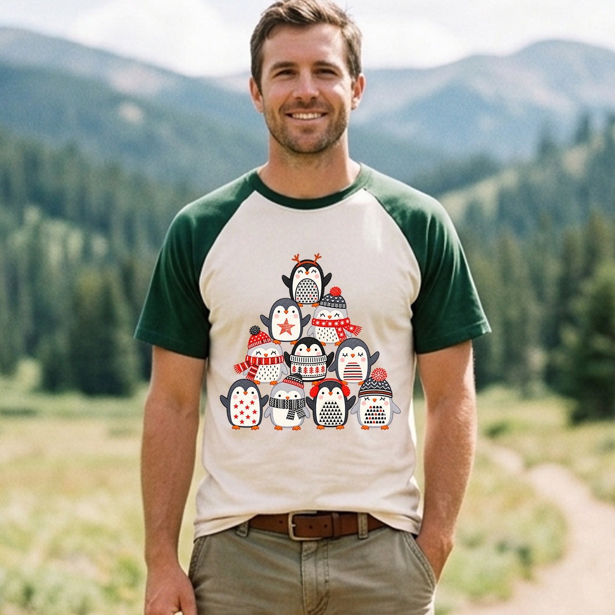 Ten Playful Penguins In Cozy Winter Outfits Raglan T-Shirt