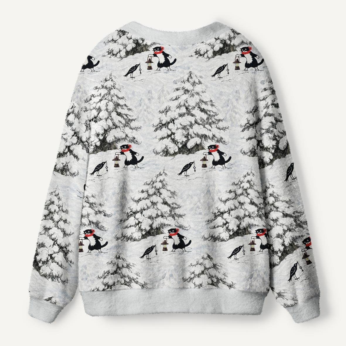 Black Cat And Crow In Snowy Forest Winter Storybook Art Ugly Cardigan Sweaters
