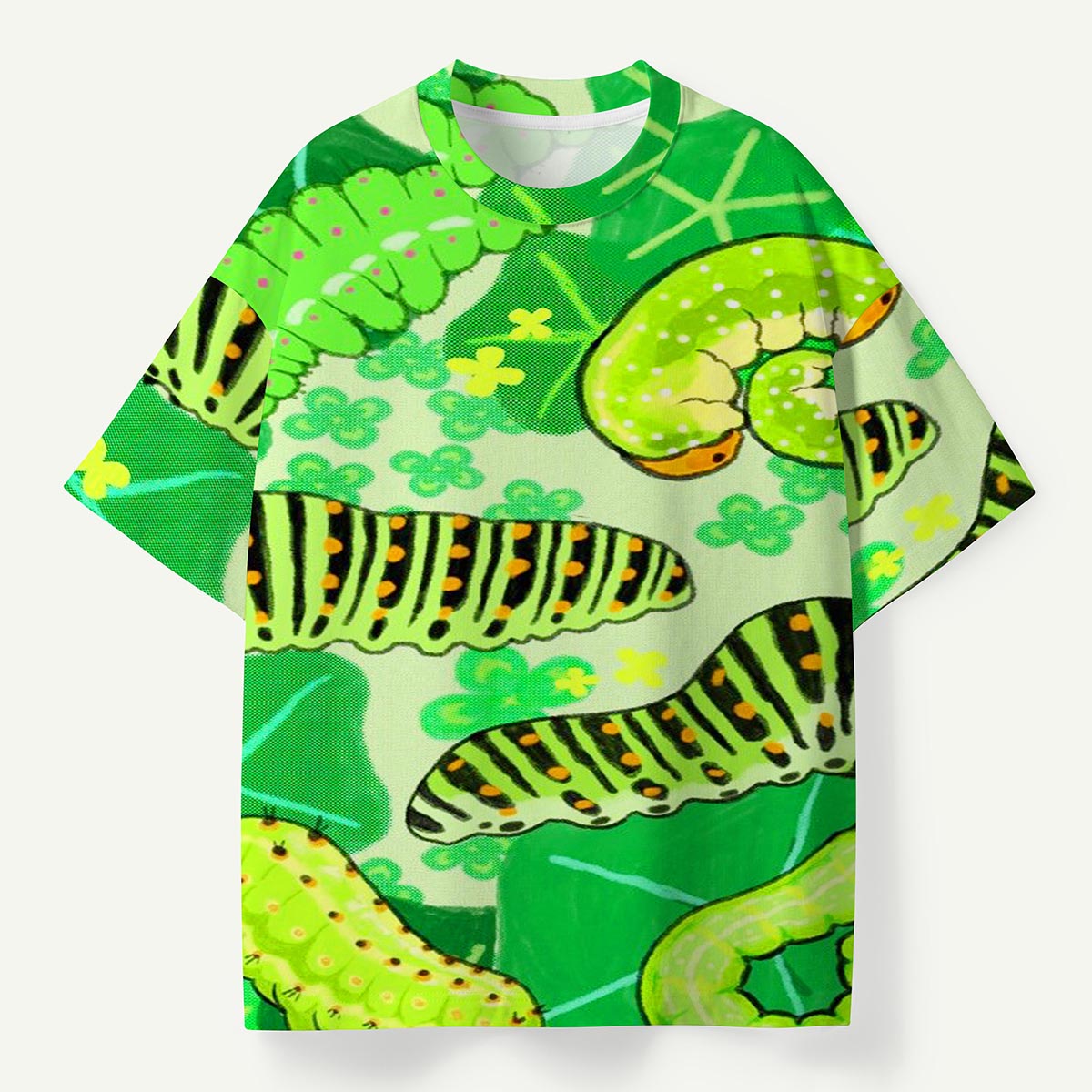 Cute Caterpillar & Leaf Pattern Premium Cotton Tee