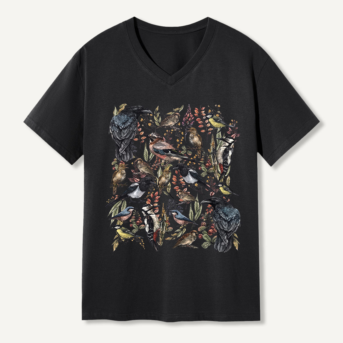 Vintage Wild Birds Botanical V-neck T-Shirt
