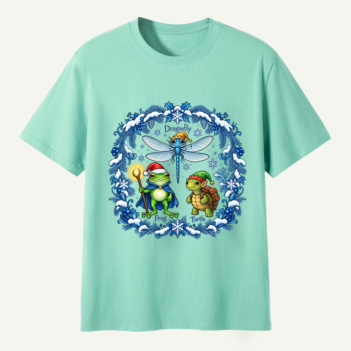 Fantasy Winter Forest Dragonfly Frog And Turtle Companions T-Shirt