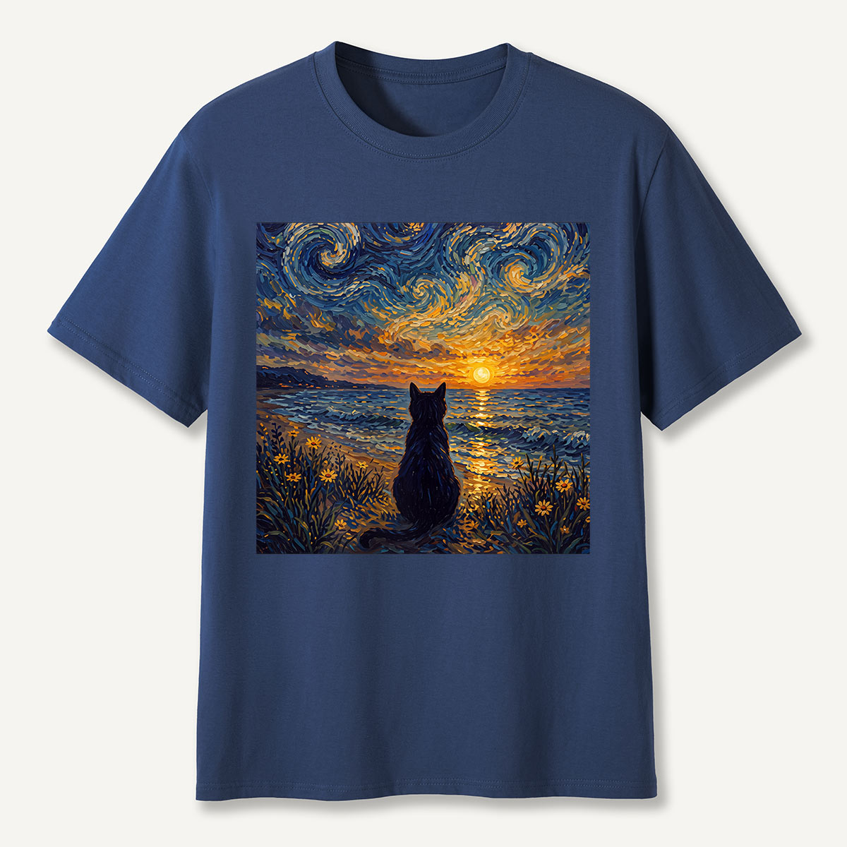Starry Night Sunset Cat Seaside T-Shirt