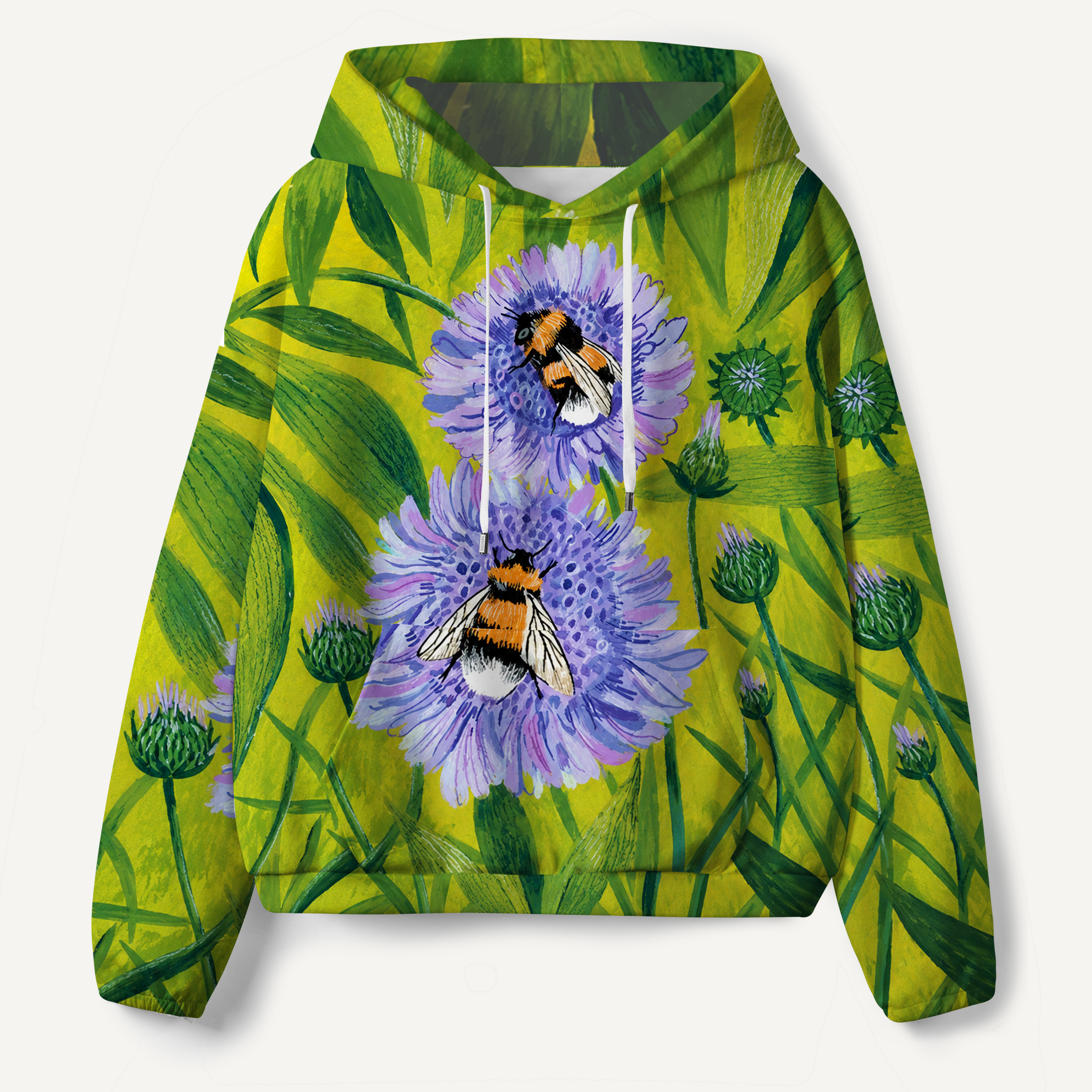 Purple Passionflower And Bees Botanical Illustration All-over Printed Hoodie