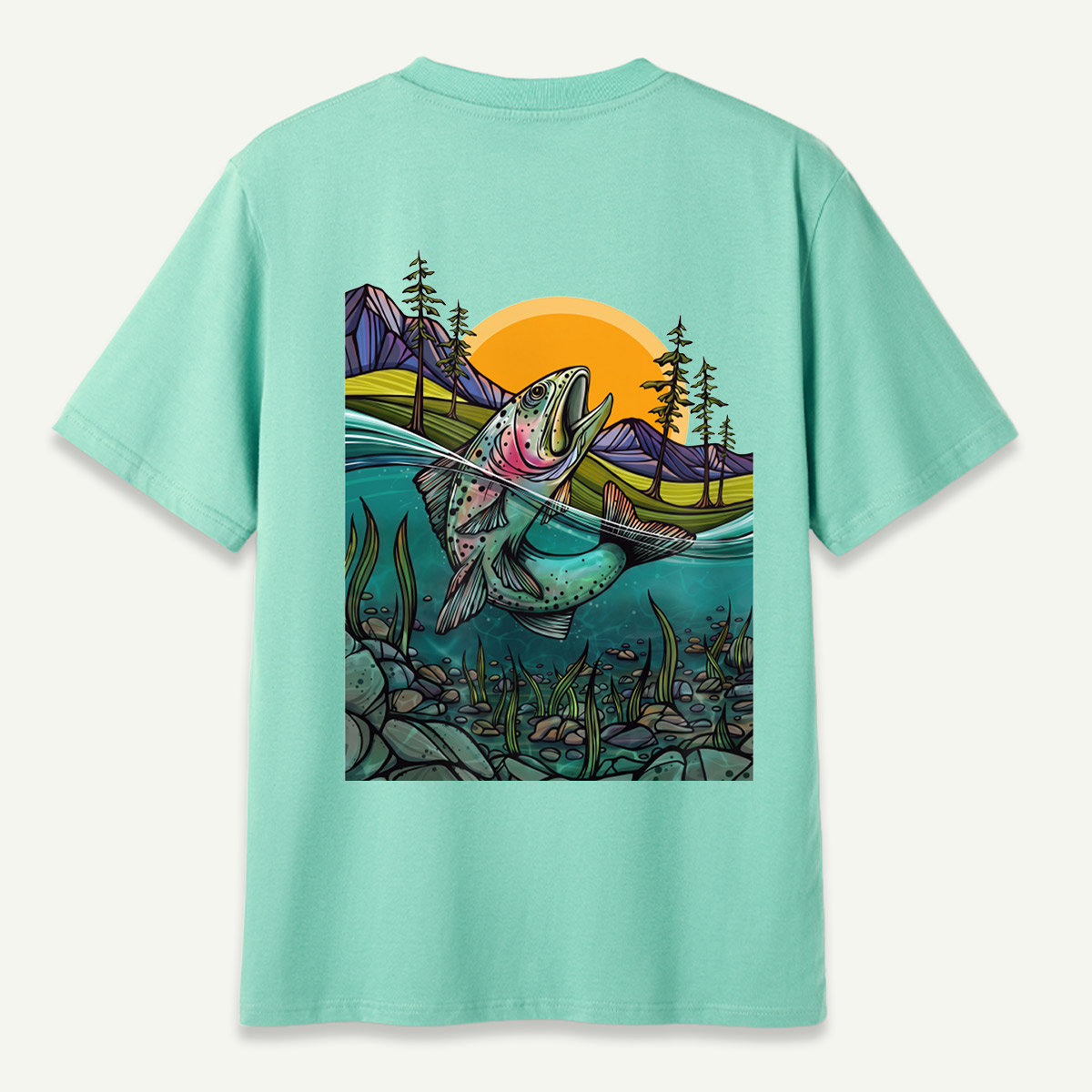 Leaping Trout River Mountain Sunset Landscape T-Shirt