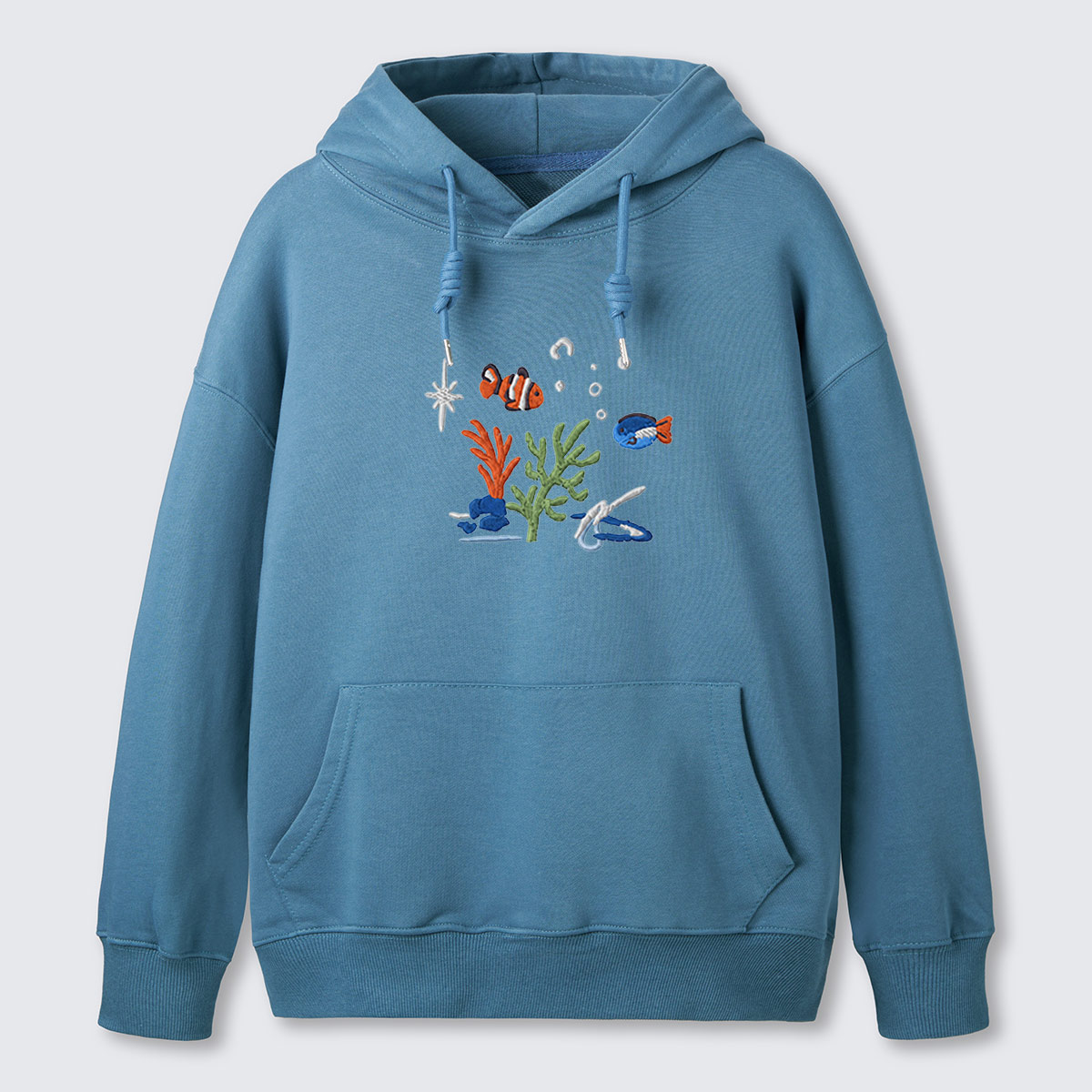 Underwater Reef Fish Embroidered Cotton Hoodie