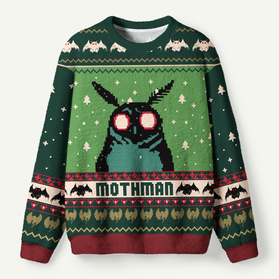 Mothman Red Eyes And Bats Green Christmas Knit Pattern Ugly Fuzzy Fleece Sweatshirt