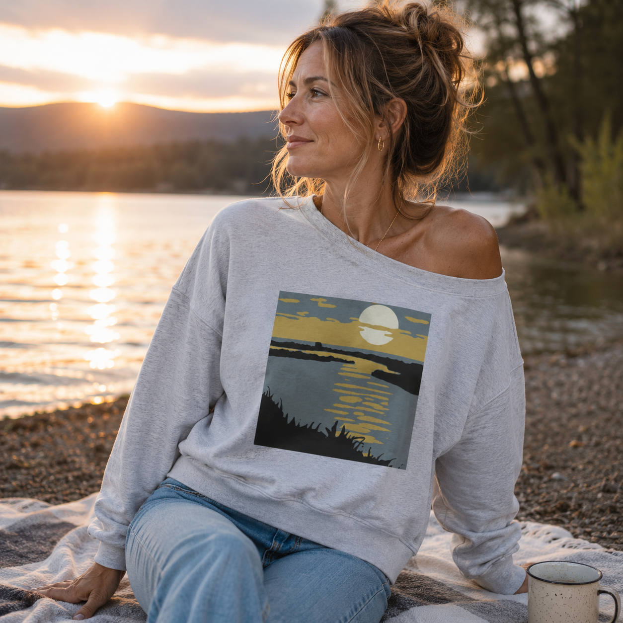 Moonlit Forest Reflection Landscape Women Off Shoulder Sweatshirt