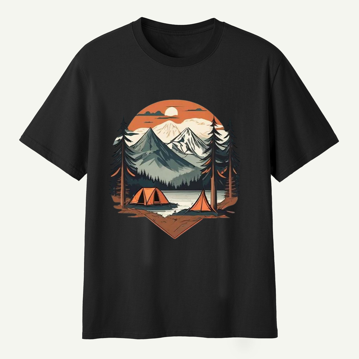 Sunset Mountain Lake Pine Forest Camping T-Shirt