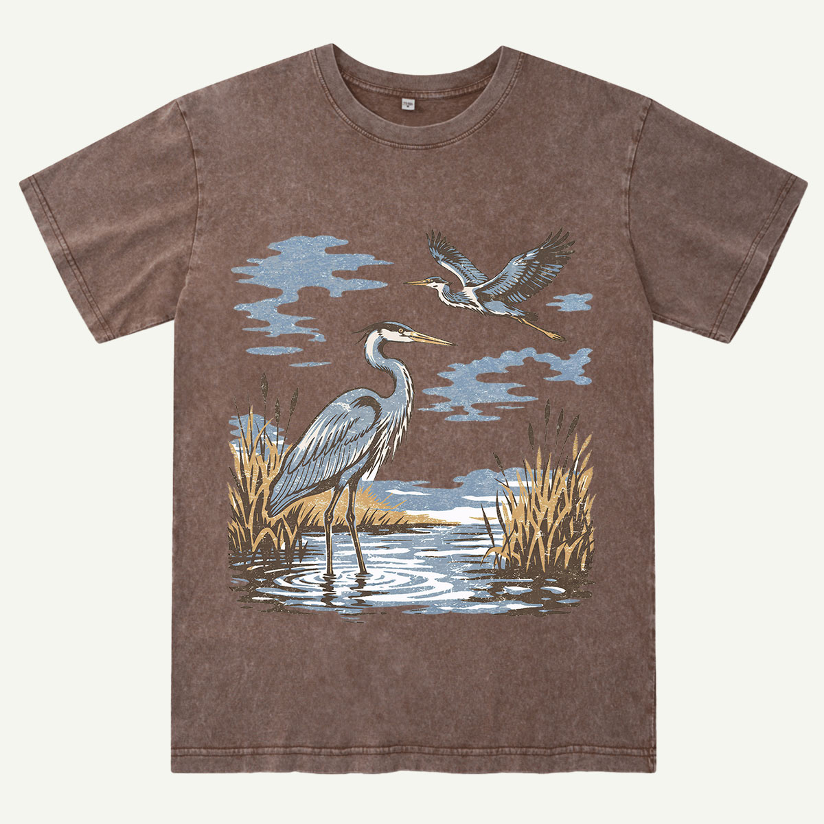 Vintage Heron Wetland Bird Nature Washed T-Shirt