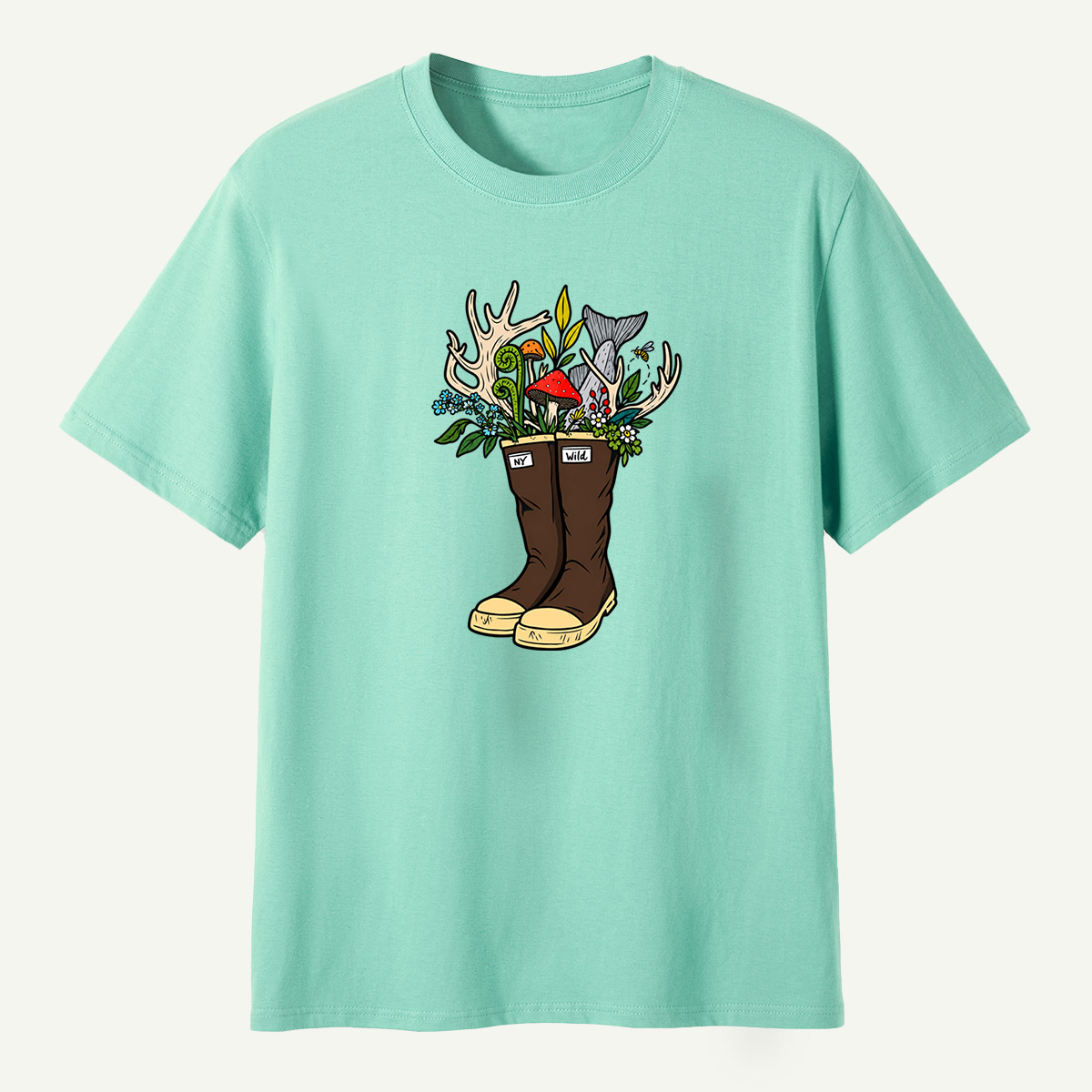 Wild Boots Antlers Mushroom Forest Botanical Arrangement T-Shirt