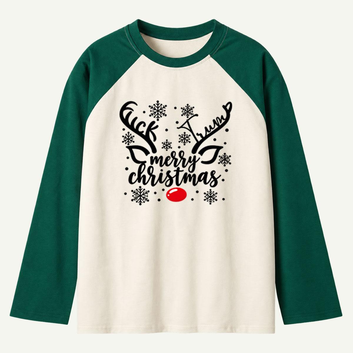 Merry Christmas Reindeer Antlers Red Nose Snowflakes Raglan Long Sleeves