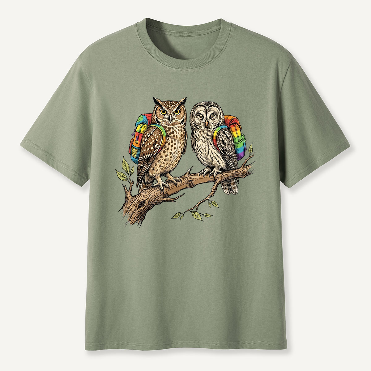 Couple Owls on Branch with Rainbow Backpacks T-Shirt