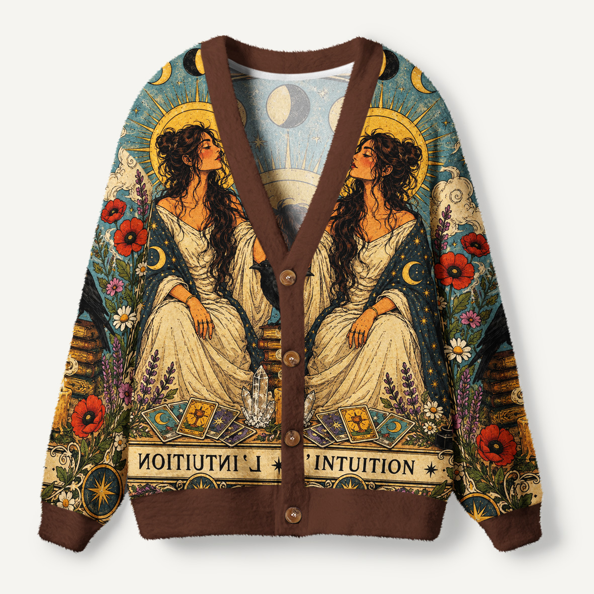 L Intuition Celestial Witch With Black Cat And Raven Tarot Ugly Cardigan Sweaters