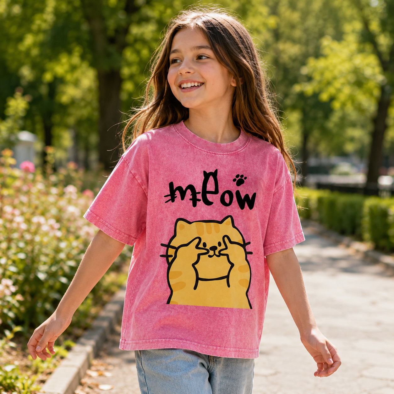 Meow Peekaboo Cat Kids Washed T-Shirt