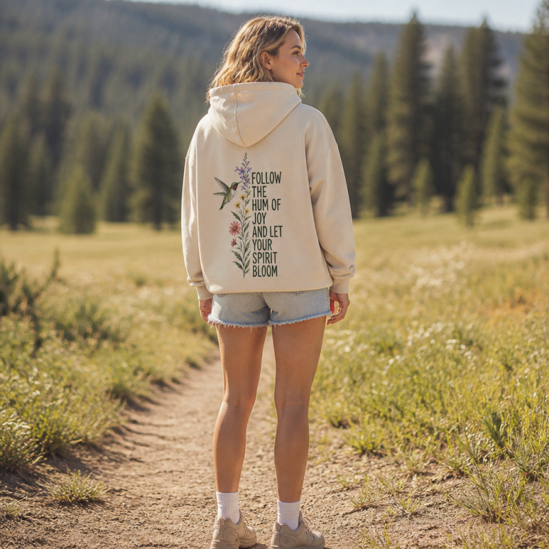 Hummingbird Joy Bloom Quote Washed Hoodie