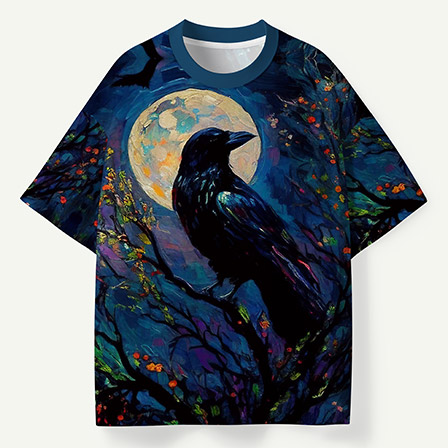 Raven Under The Moon Midnight Forest Painting Premium Pure Cotton Tee