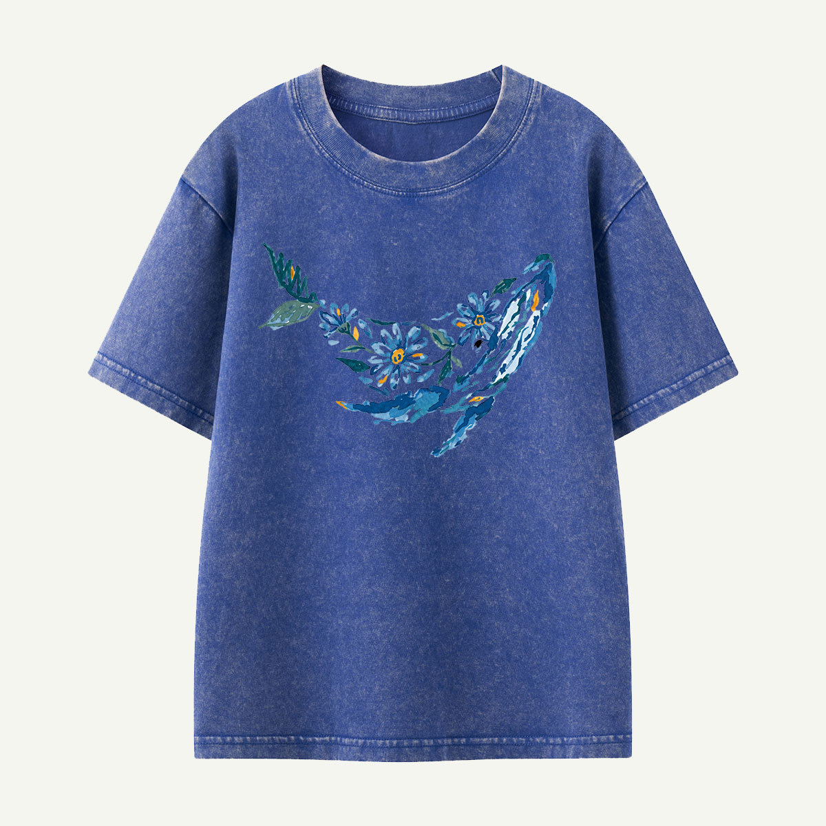 Floral Whale Silhouette Kids Washed T-Shirt