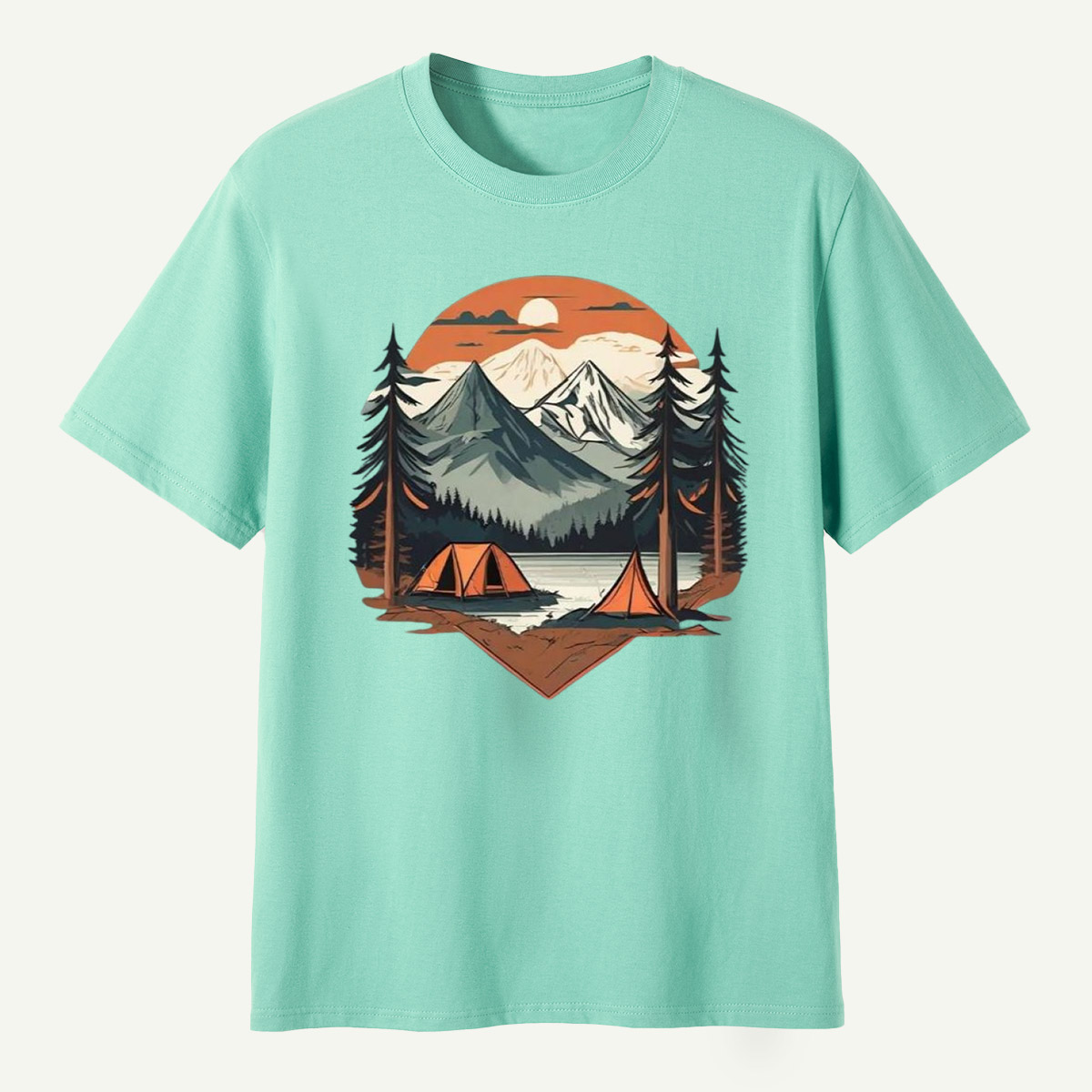 Sunset Mountain Lake Pine Forest Camping T-Shirt