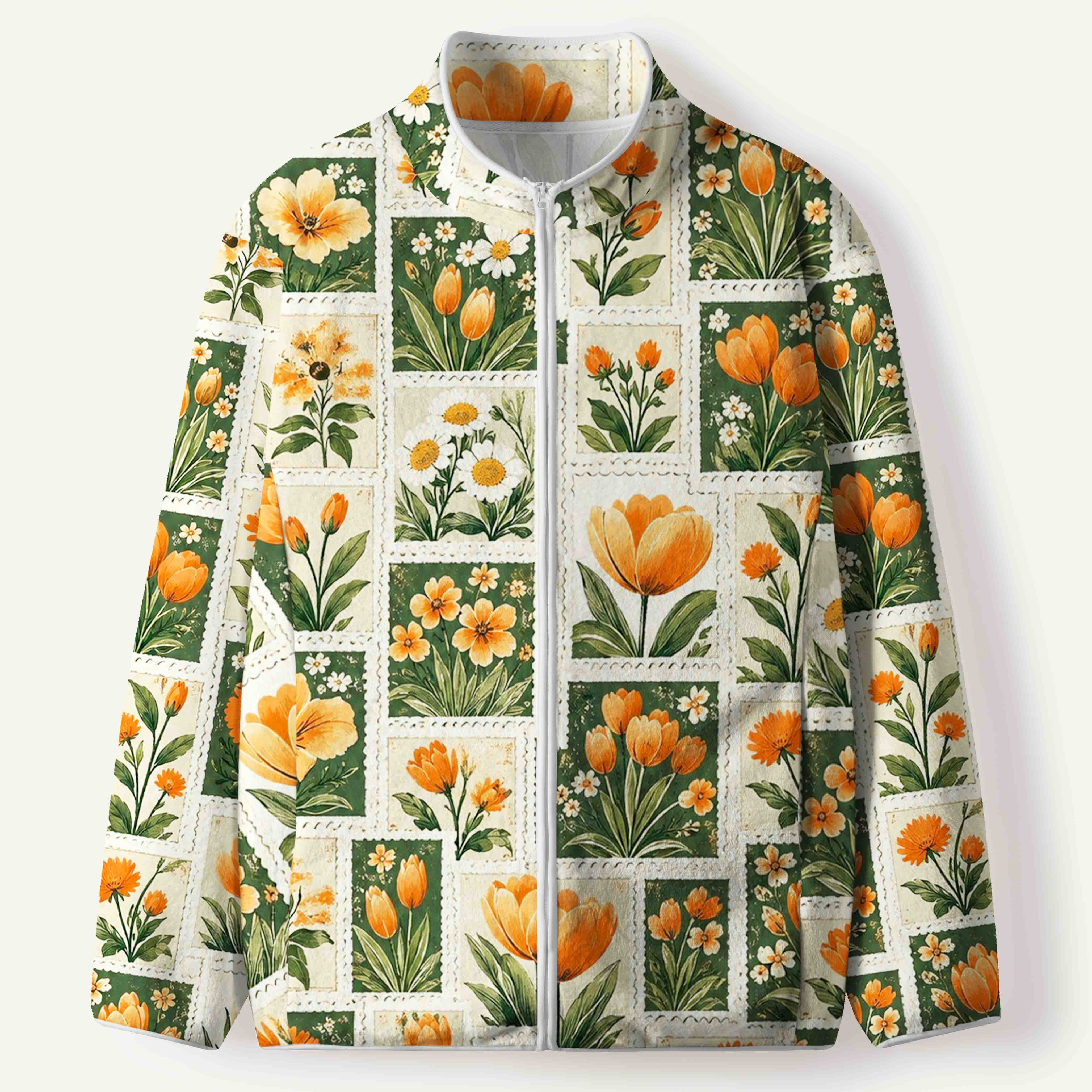 Vintage Botanical Postage Stamps Orange Tulips And Wildflowers Women's Flannel Zip Front Cardigan