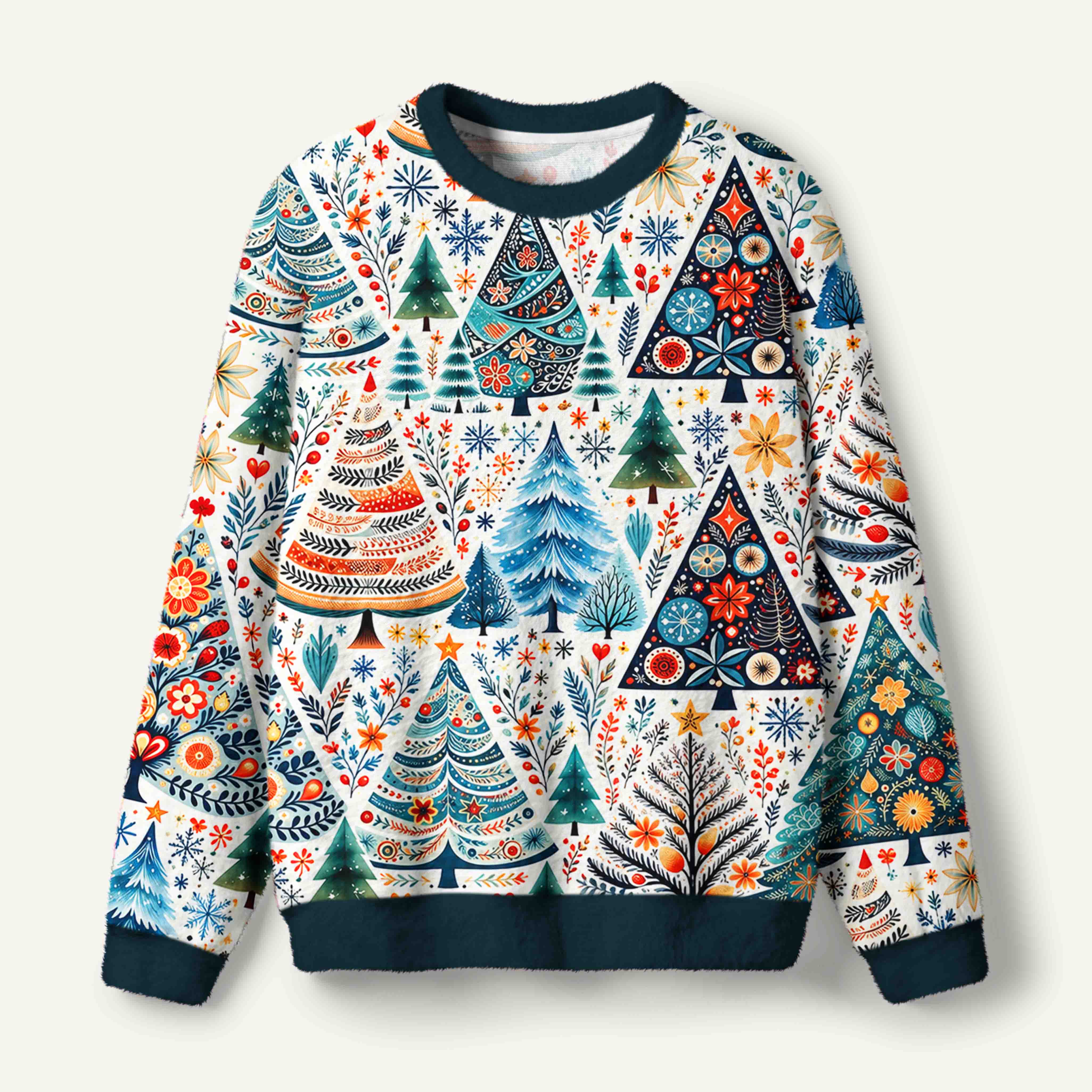 Nordic Folk Art Christmas Trees With Floral Ornaments Ugly Fuzzy Fleece Sweatshirt