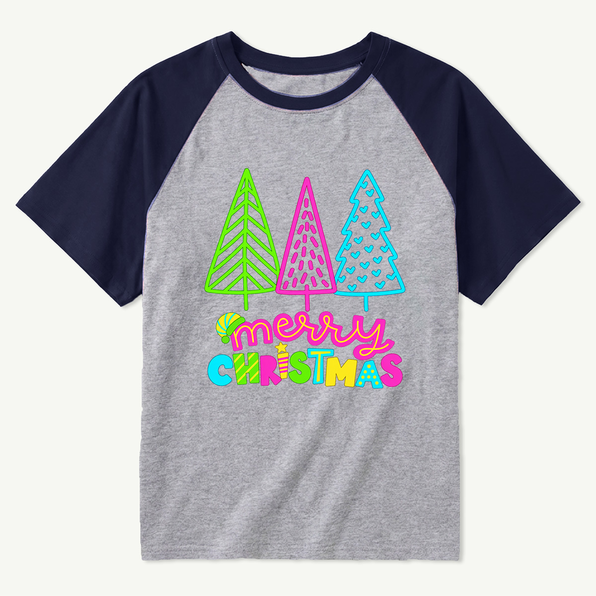 Merry Christmas Three Colorful Neon Trees Raglan T-Shirt