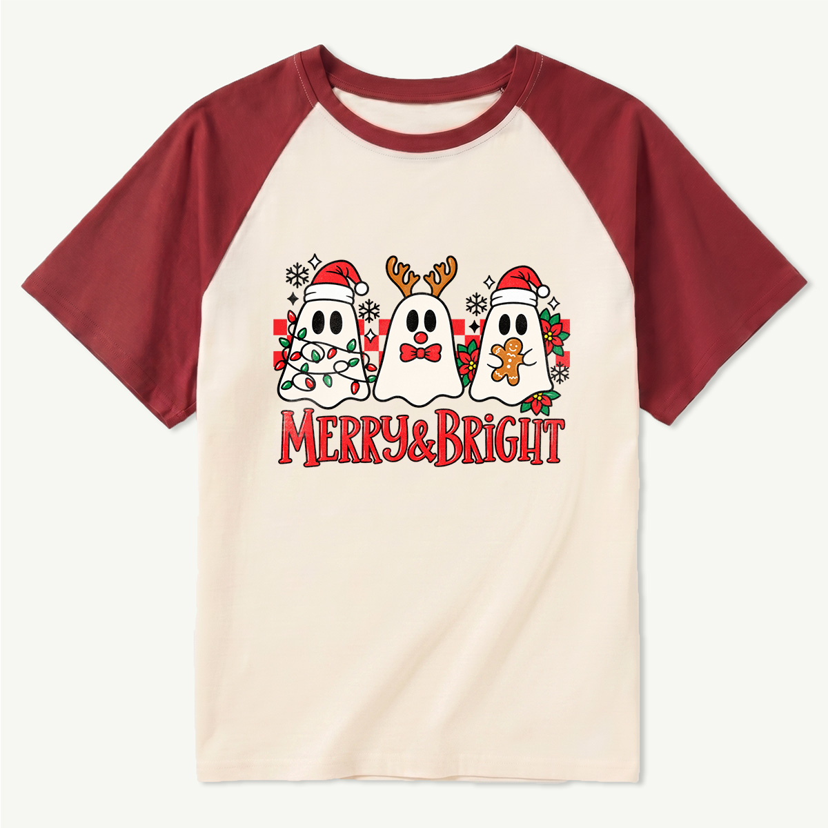 Merry And Bright Three Festive Christmas Ghosts Raglan T-Shirt