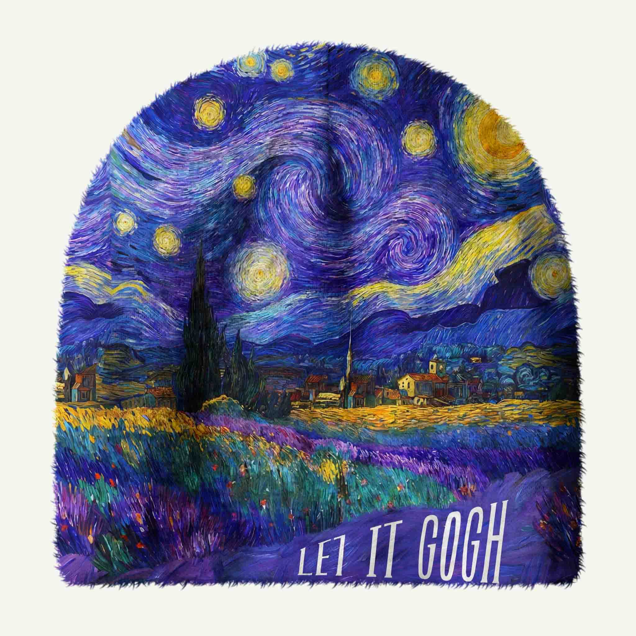 Swirling Night Sky Village Landscape Plush Knit Hat
