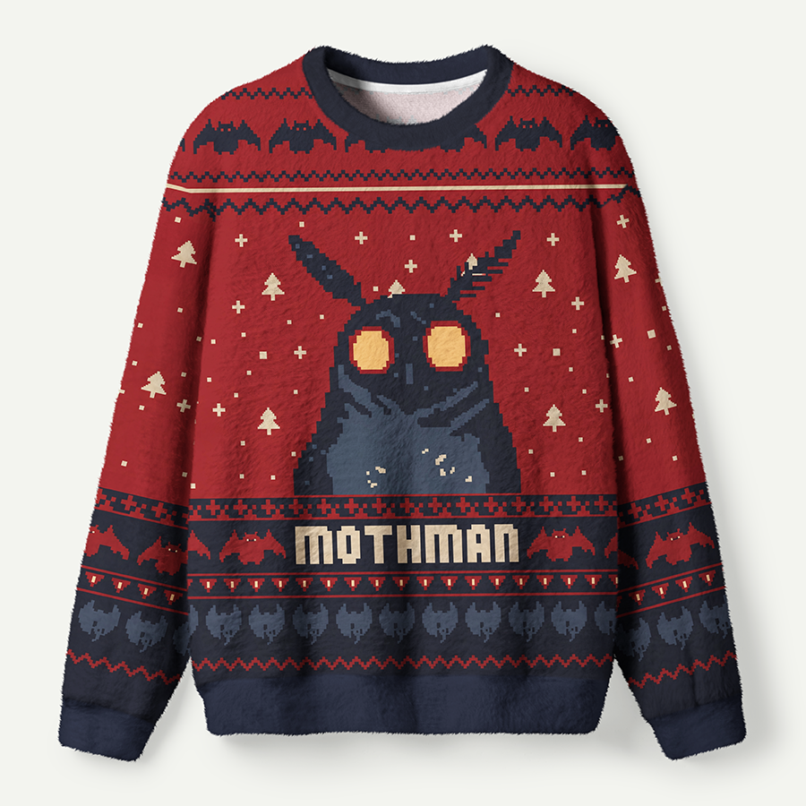 Red Eyed Mothman Black And White Christmas Fair Isle Ugly Fuzzy Fleece Sweatshirt