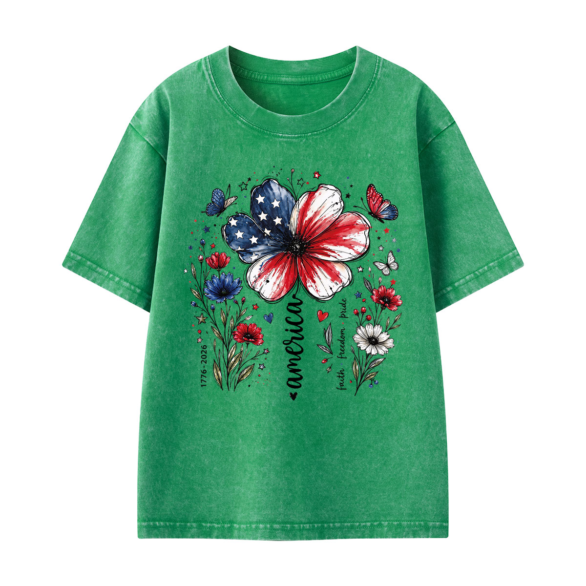 USA 250th Anniversary Floral Kids Washed T-Shirt