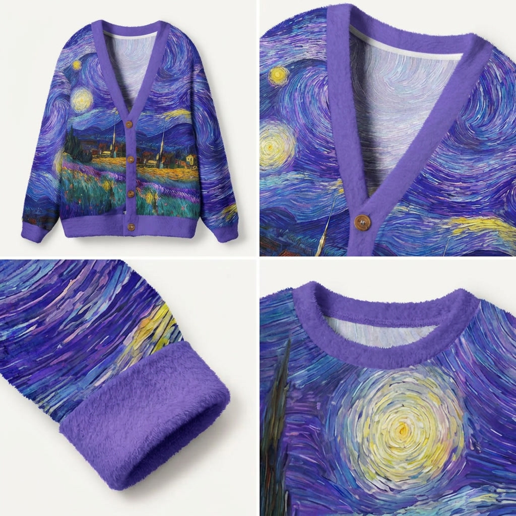 Swirling Night Sky Village Landscape Premium Ugly Cardigan Sweaters