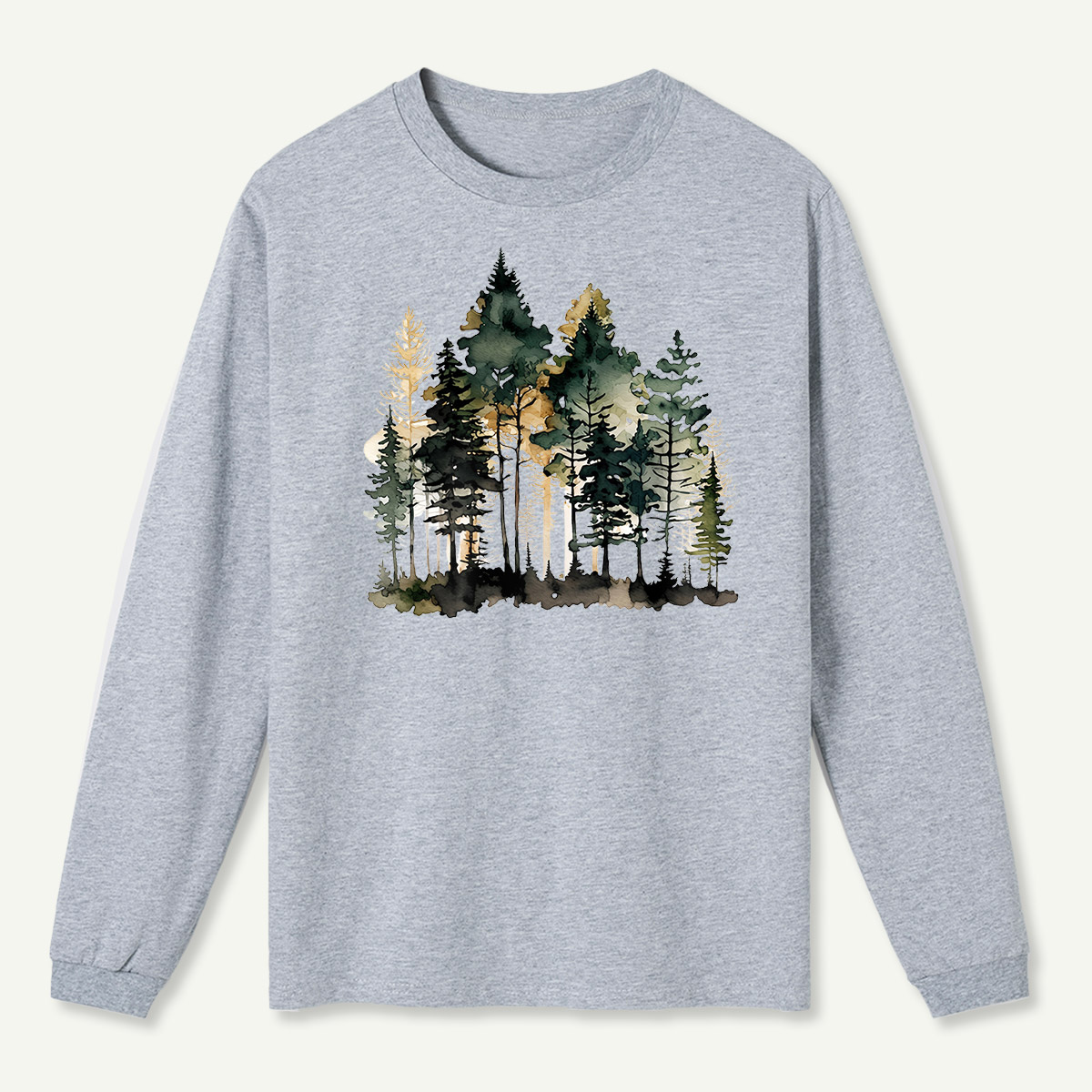 Watercolor Pine Forest Landscape Long Sleeve T-Shirt