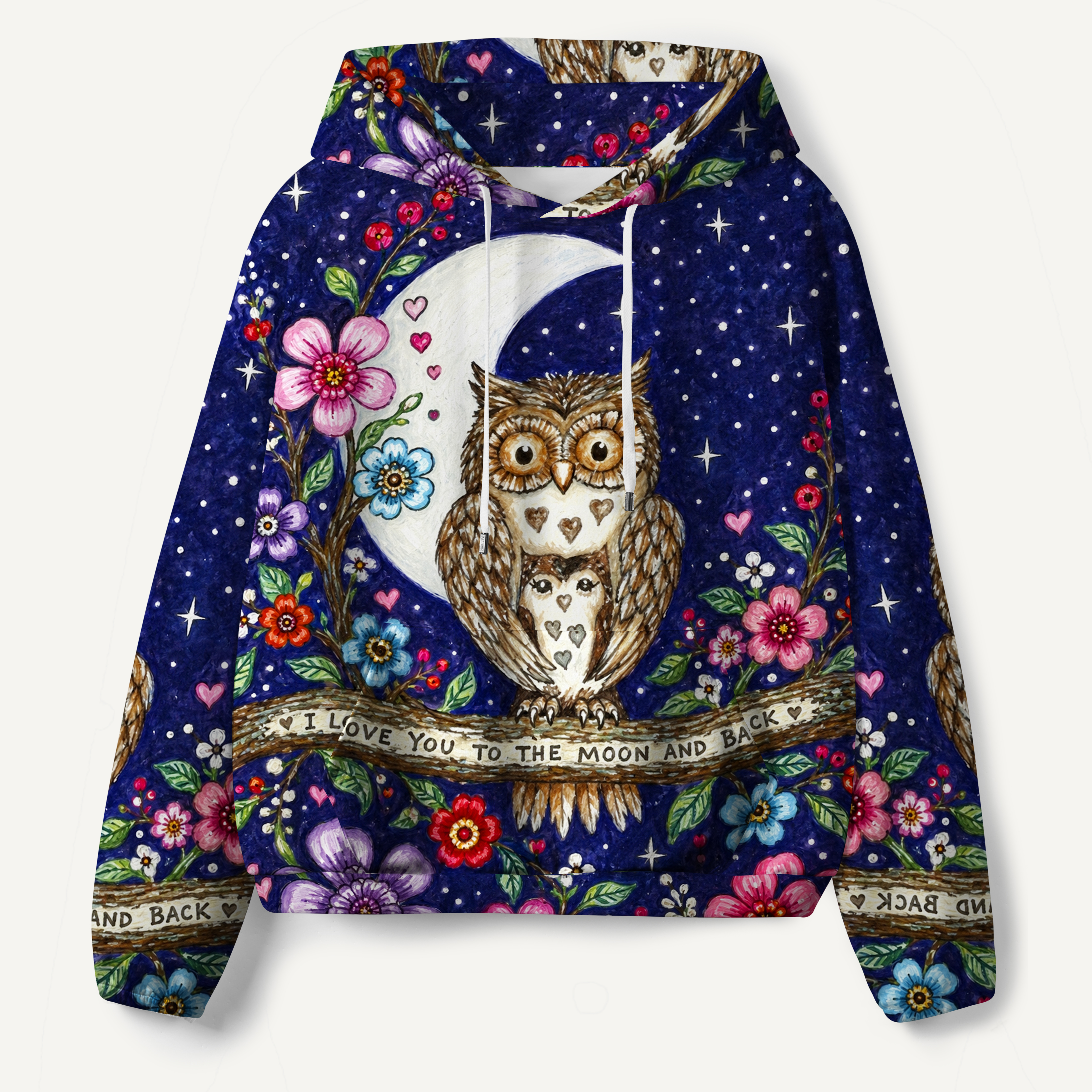 Moonlit Owl Floral Perch All-over Printed Hoodie