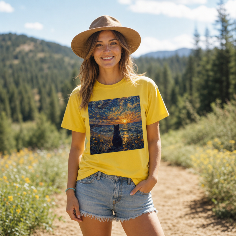 Starry Night Sunset Cat Seaside T-Shirt