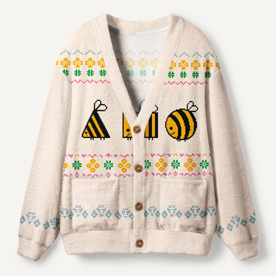 Bee Different Cute Bees And Retro Floral Pattern Ugly Cardigan Sweaters