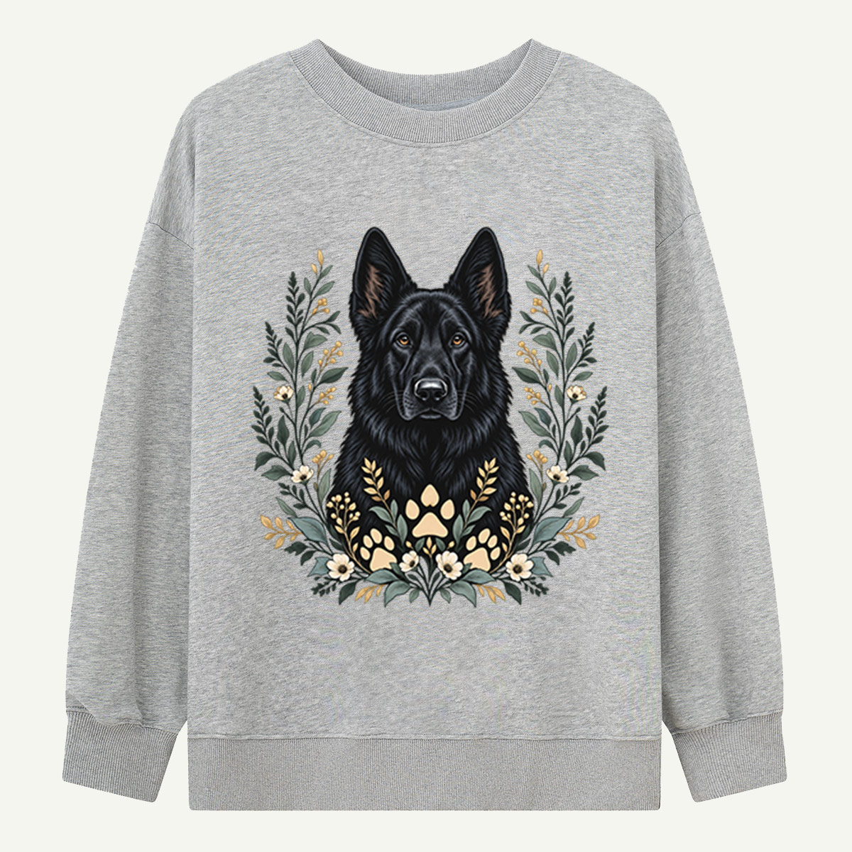 Floral Black German Shepherd Portrait Sweatshirts