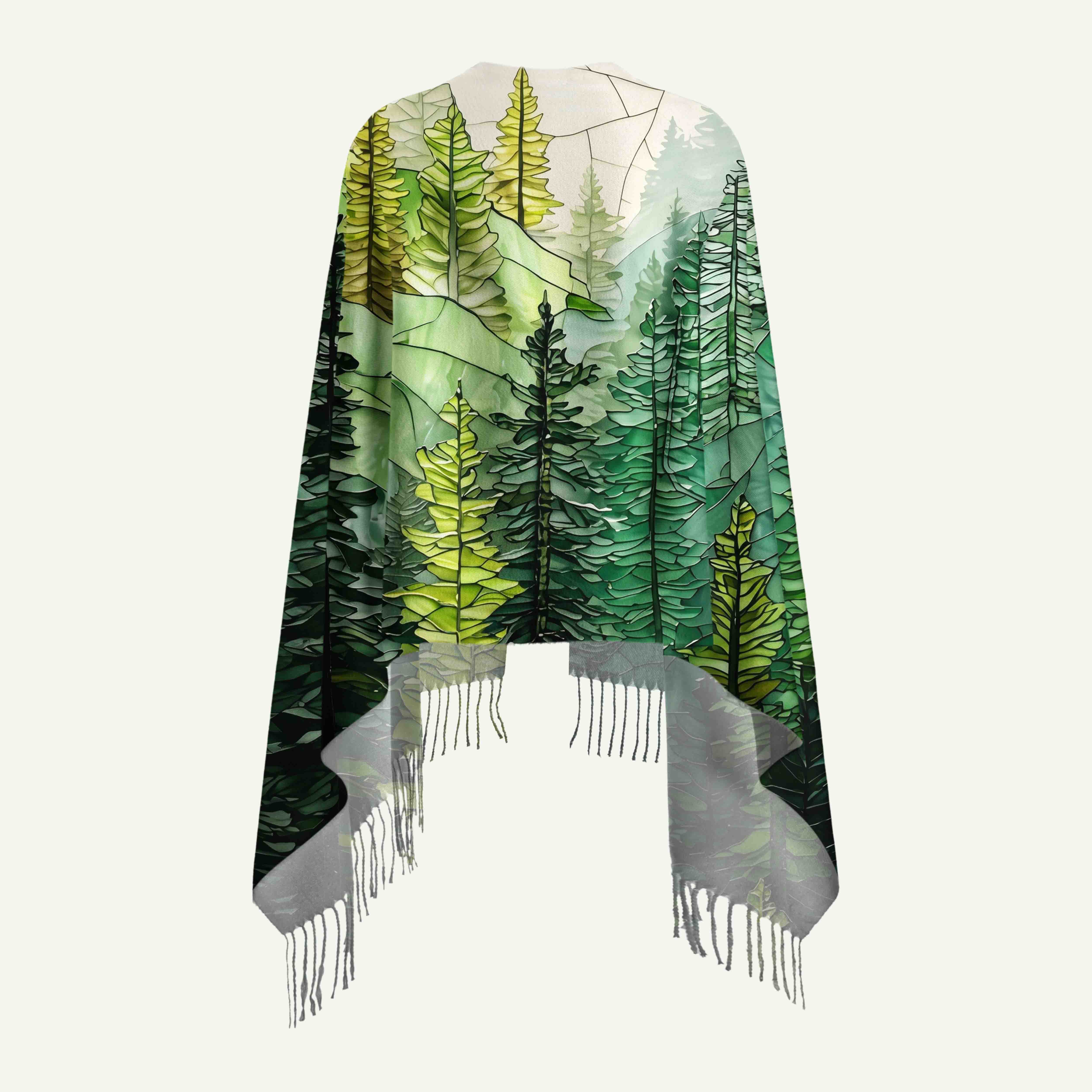Pine Trees and Mountain Haze Long Cashmere Scarf with Tassels