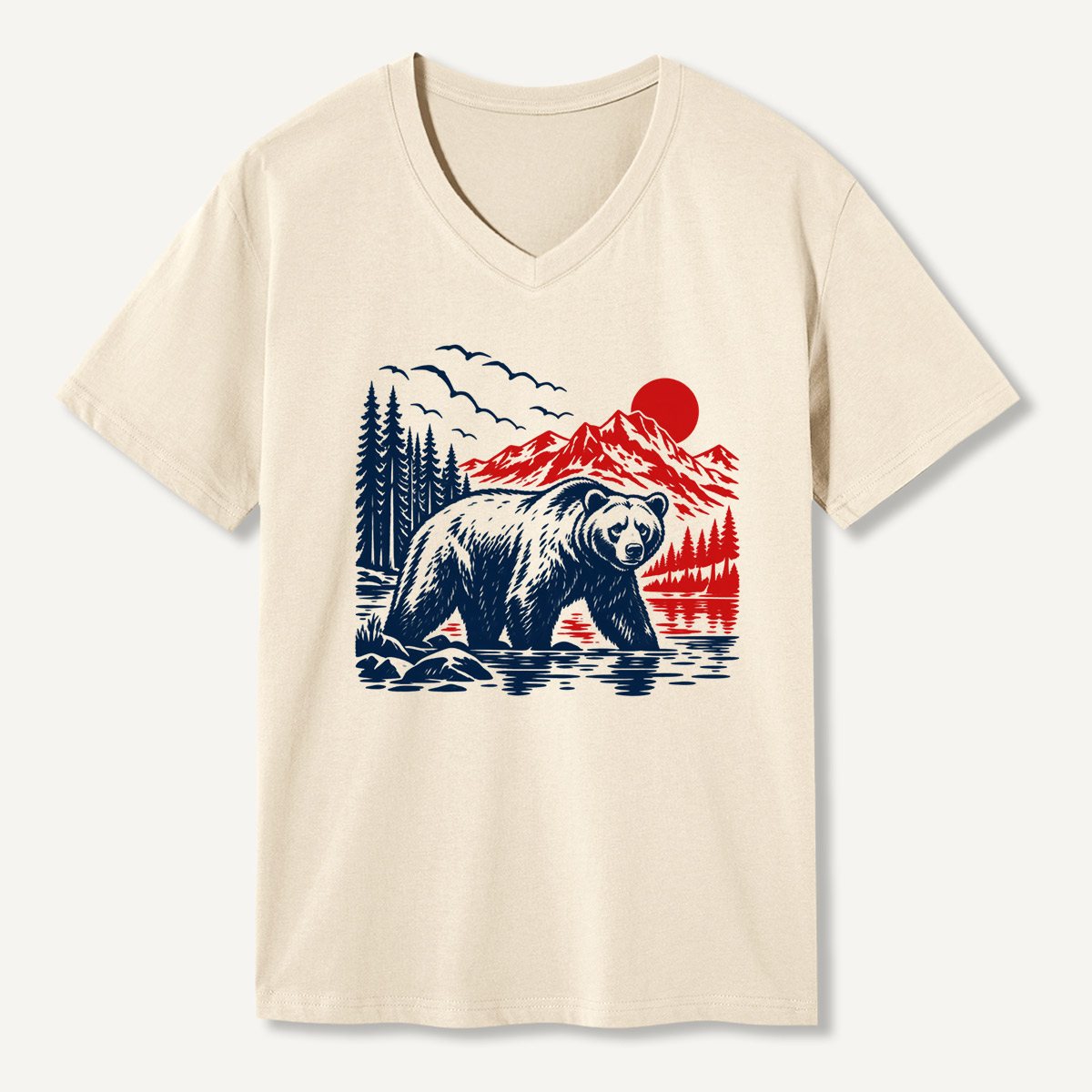 Brown Bear Mountain Lake Sunset Wilderness Art V-neck T-Shirt