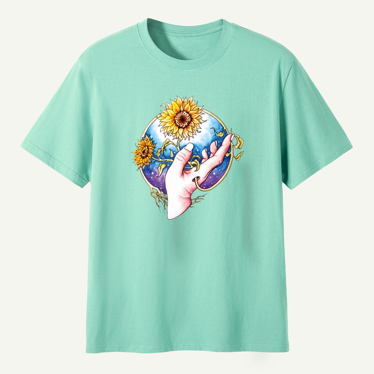 Sunflower Hand Galaxy Botanical Illustration T-Shirt