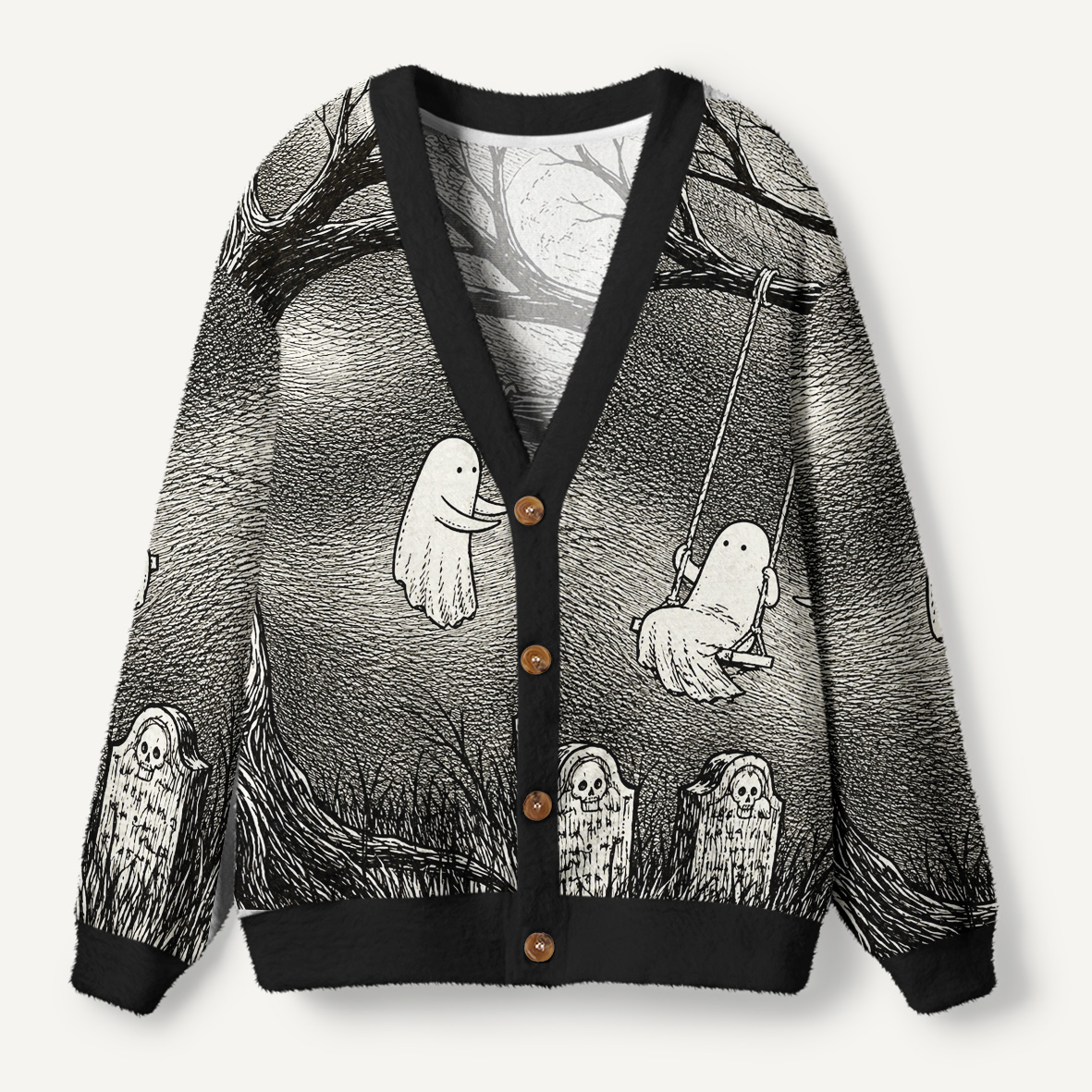 Two Little Ghosts On A Haunted Graveyard Swing Ugly Cardigan Sweaters