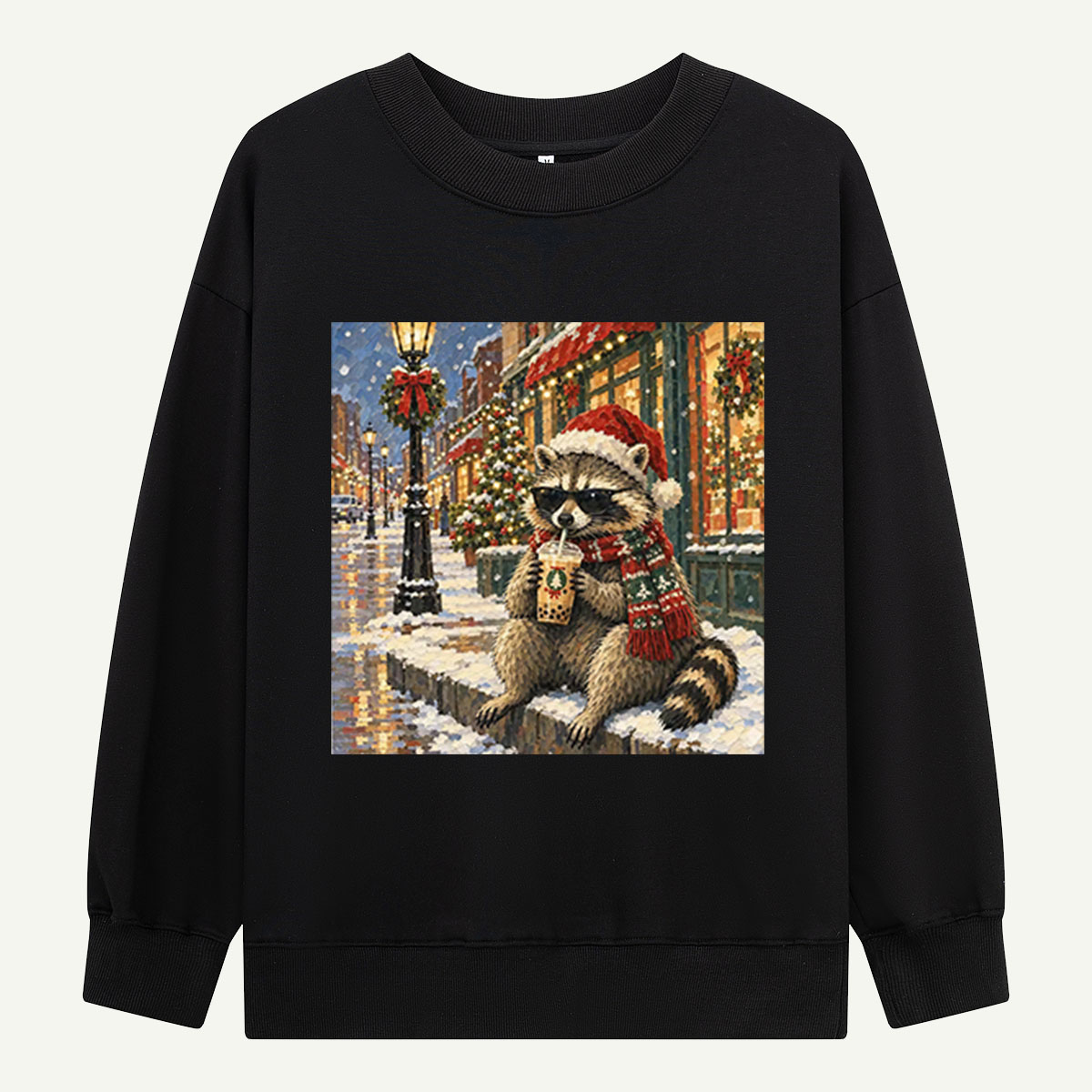 Cool Christmas Raccoon Drinking Boba On A Snowy Street Sweatshirts