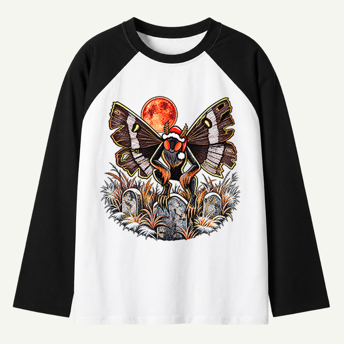 Christmas Mothman Under The Red Moon In Snowy Graveyard Raglan Long Sleeves