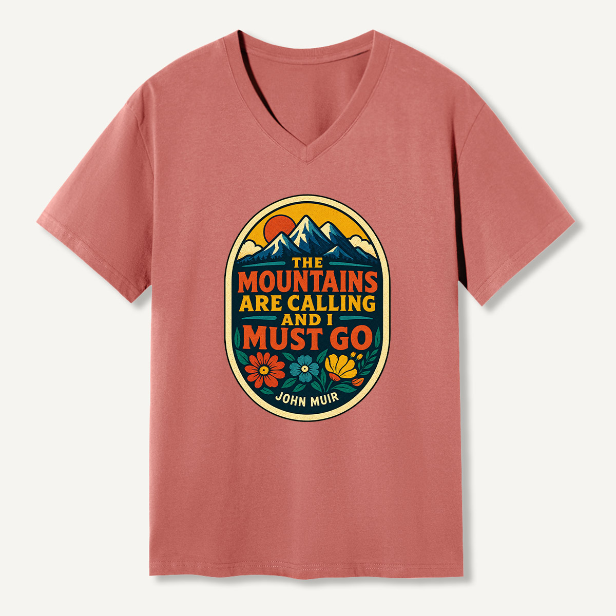 The Mountains Are Calling And I Must Go Vintage Mountain Floral Emblem V-neck T-Shirt